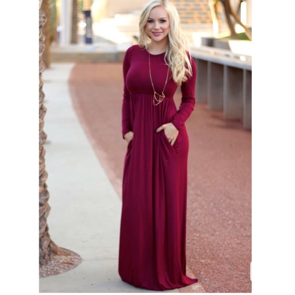 CAMILLE BURGUNDY MAXI DRESS LONG SLEEVE POCKETS - Picture 2 of 3